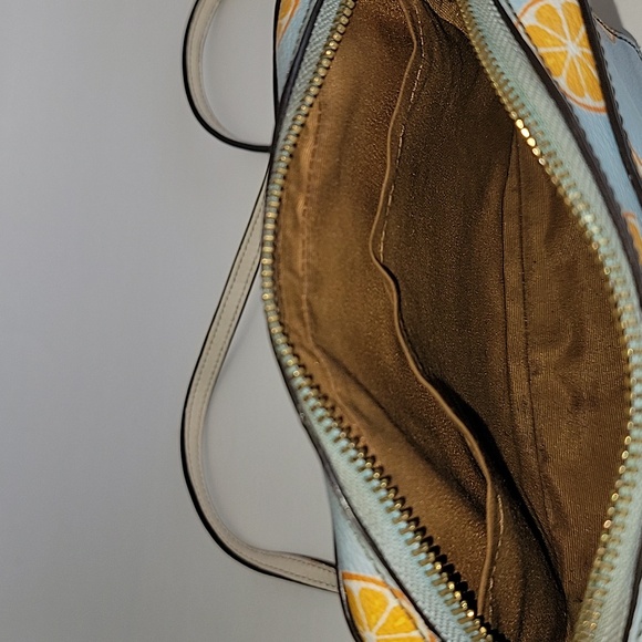 COACH BLUE CAMERA CROSSBODY BAG WITH ORANGES ALL OVER - Picture 9 of 11